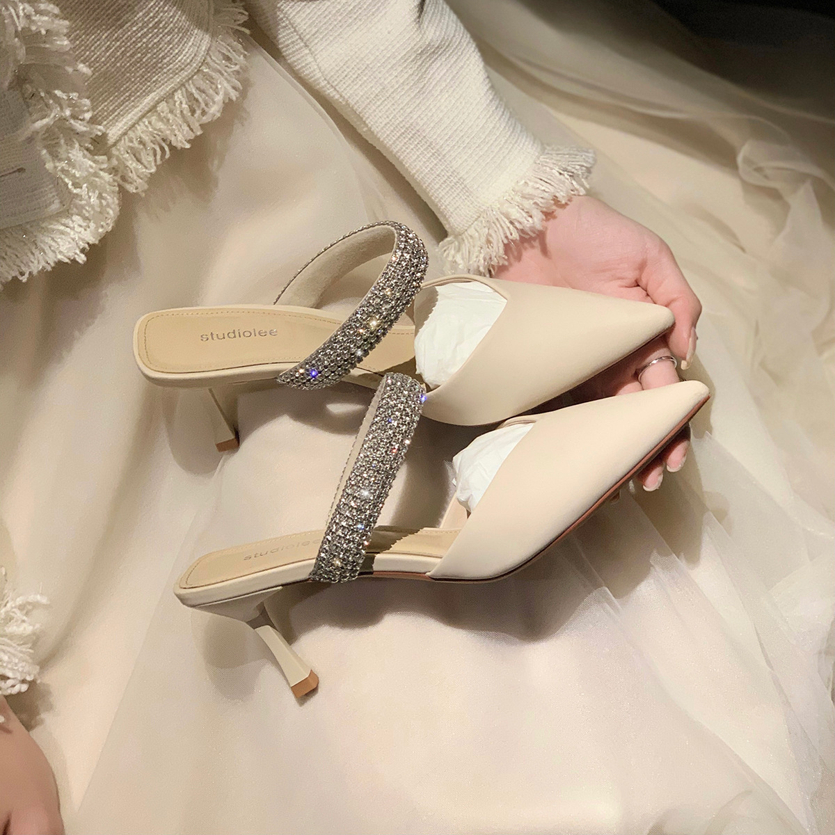 2024 Summer New Black Baotou Stiletto Pointed Toe High Heels Women's Sandals Fashionable and Versatile Outerwear Slippers_vogarts.com