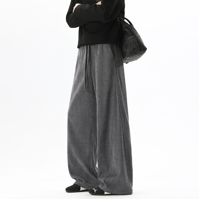 Textured Curved Hem Sweatpants For Men, High-end American Cleanfit Pants, New Spring Straight-leg Drapey Wide-leg Pants_voghion.com
