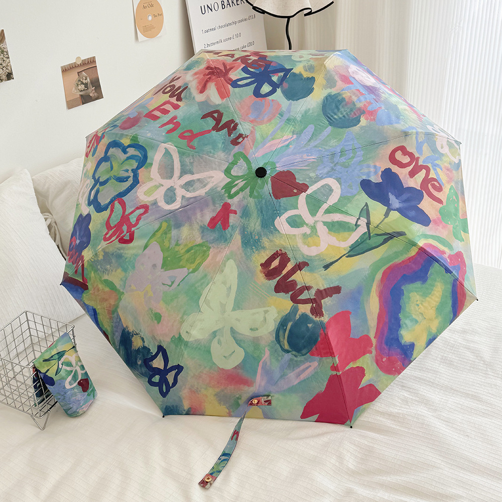 クロスボーダー日韓自動パラソル女性小清新色日焼け止め傘晴雨両用黒ゴム五つ折り日傘