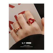 手工滴油不易掉色/黄铜电镀 日韩俏皮时尚气质胭脂红爱心手饰戒指