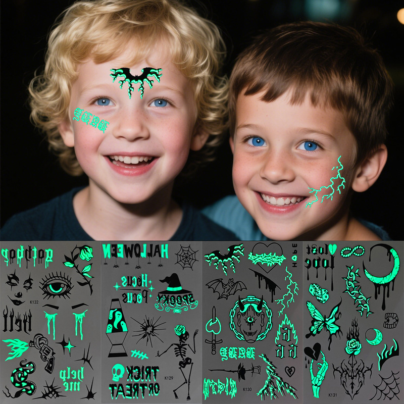 New Halloween Luminous Tattoo Sticker Cross Border Waterproof Children Cartoon Face Sticker Luminous Pumpkin Skull Bat