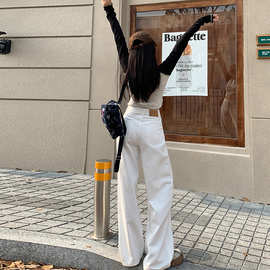 美式前口袋设计感白色高街牛仔裤女2026春季宽松直筒阔腿休闲裤子
