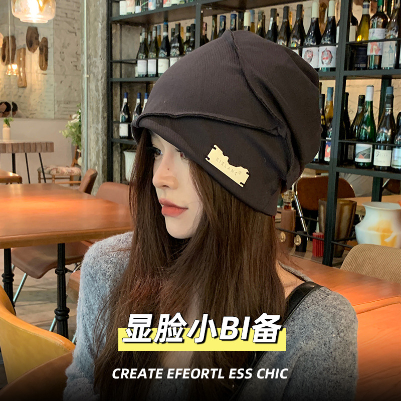 Mostrar cara pequeña pila sombrero mujer primavera y otoño versátil callejera celebridad de la moda de punto sombrero frío de otoño y invierno gorra de cabeza grande