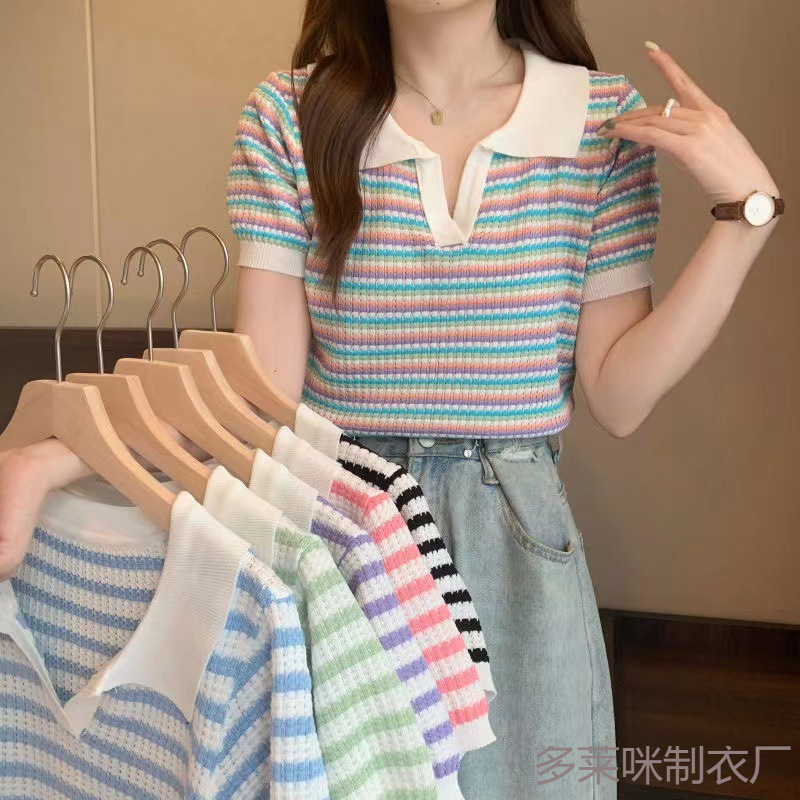 Turn-Down Collar Short-Sleeve Polo Neck Short Knit Top for Women, Summer Striped Slim Sweet Cute Top for Petite Figures Turn-Down Collar Short-Sleeve Polo Neck Short Knit Top for Women, Summer Striped Slim Sweet Cute Top for Petite Figures