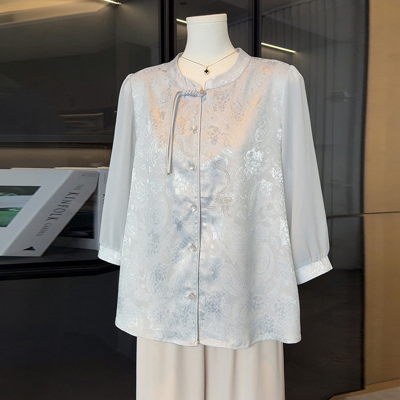 New Chinese-Style National Fashion Satin Shirt for Mothers, Spring and Summer 2026 New Stylish and Fashionable Blouse for Middle-Aged and Elderly Women