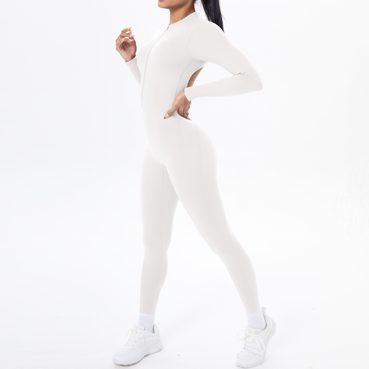 Nuova tuta a maniche lunghe con schiena scoperta, tinta unita e doppio strato in broccato, per sport, corsa, fitness e yoga_voghion.com