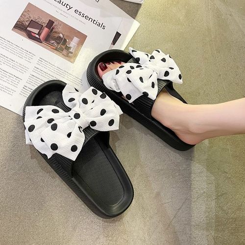 One-piece unisex cute polka dot bow slippers for summer outdoor wear, stylish thick-soled indoor flat sandals with a one-piece design, suitable for beach shoes.