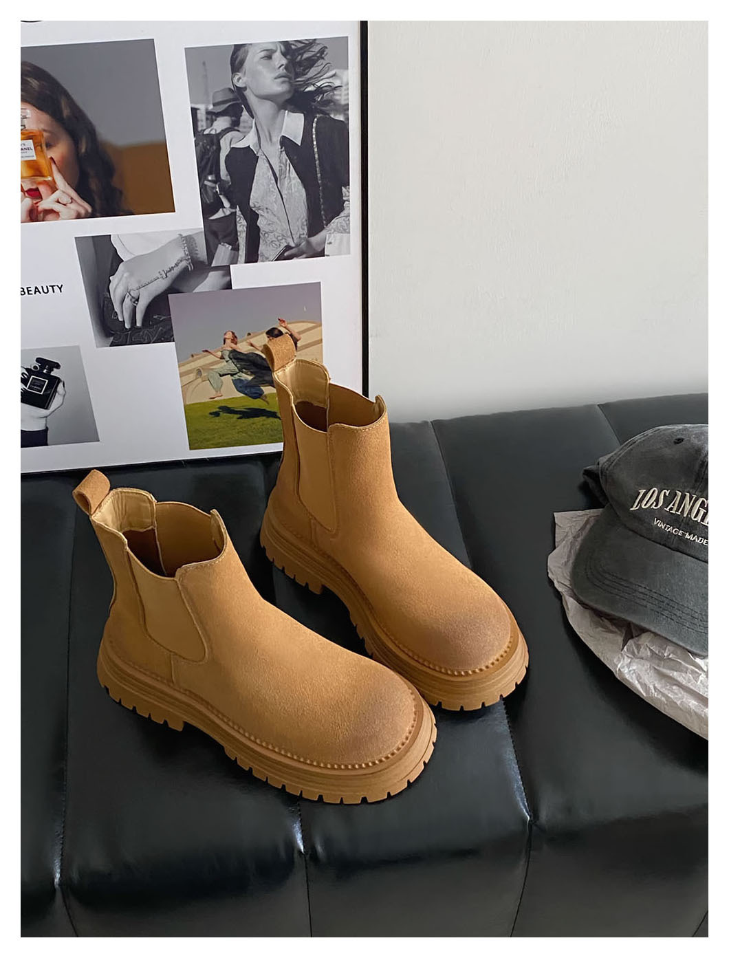 Retro all-in-one platform booties Women's new ankle boots with thick heel elastic sanded leather boots_voghion.com