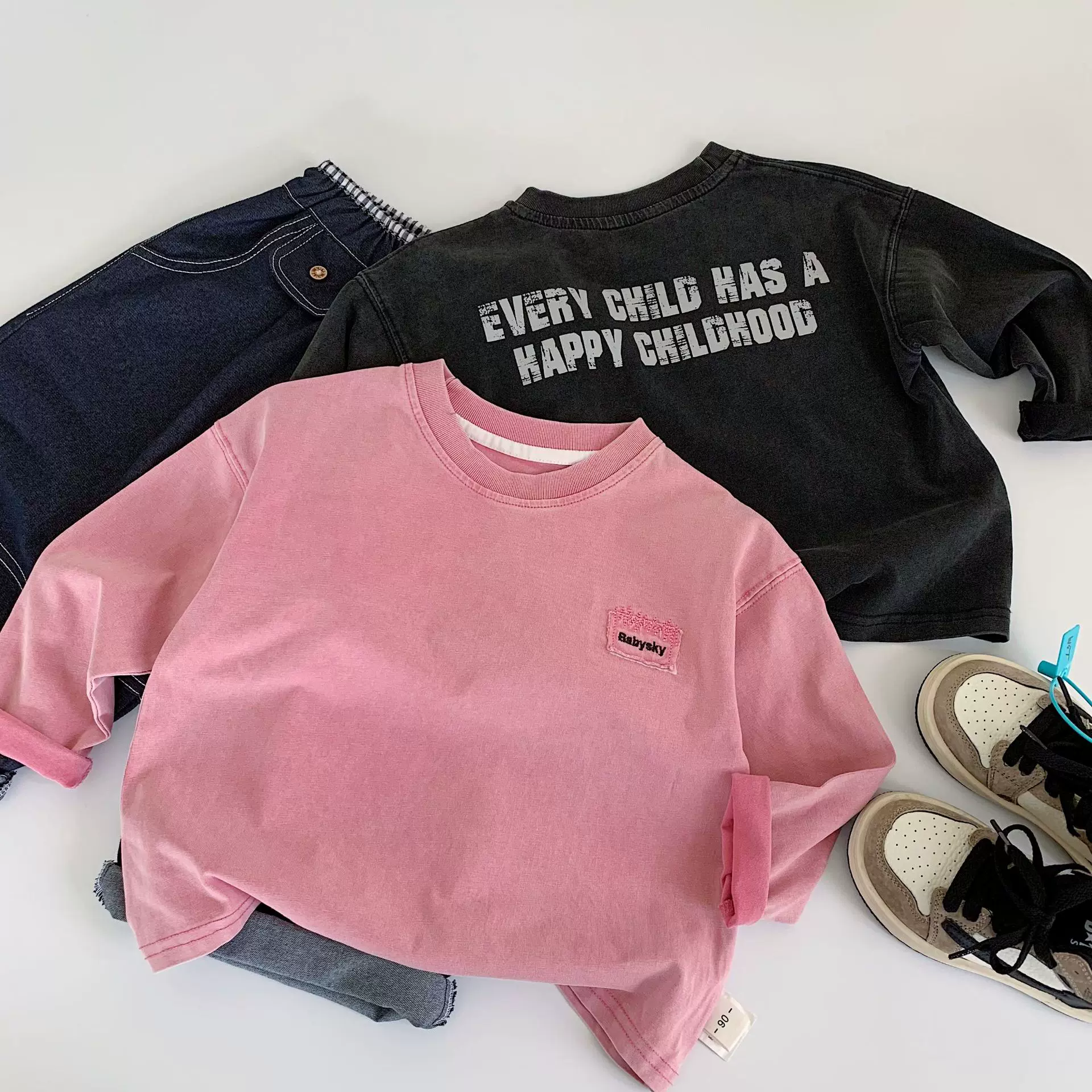 麦宝儿童t恤2025秋季新款韩版男女童字母宽松圆领打底衫宝宝秋装