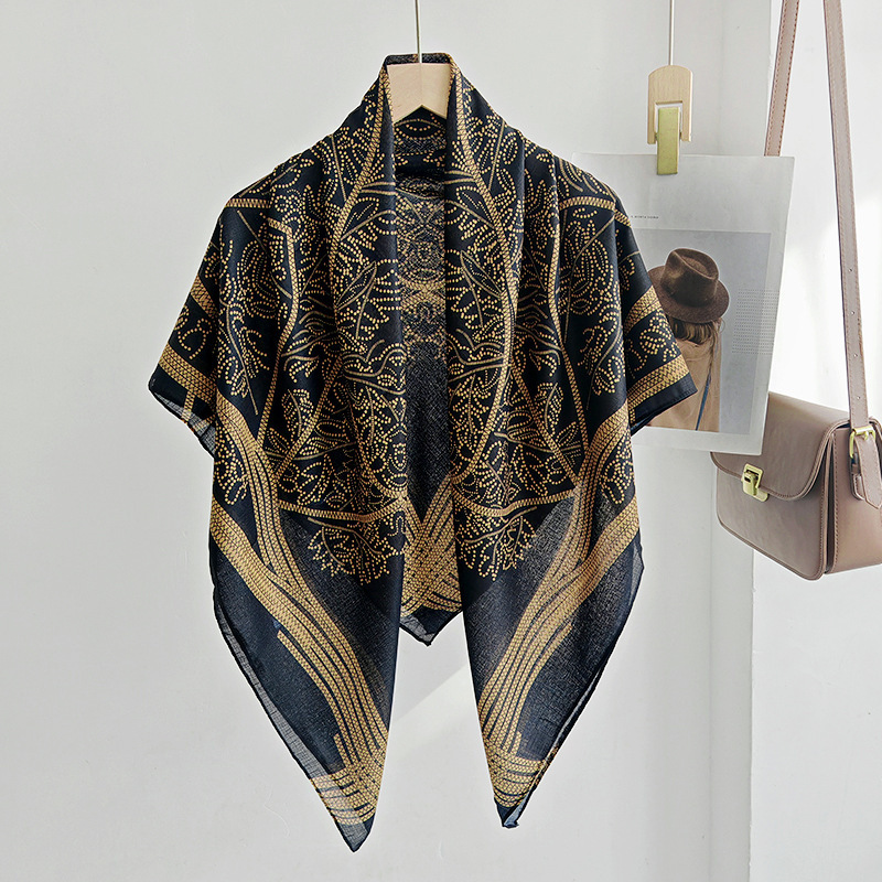 Cross-Border Hot Selling Retro Fashion Women's Thin Imitation Silk Cotton Printed 110 Square Scarf Malay Turban Scarf