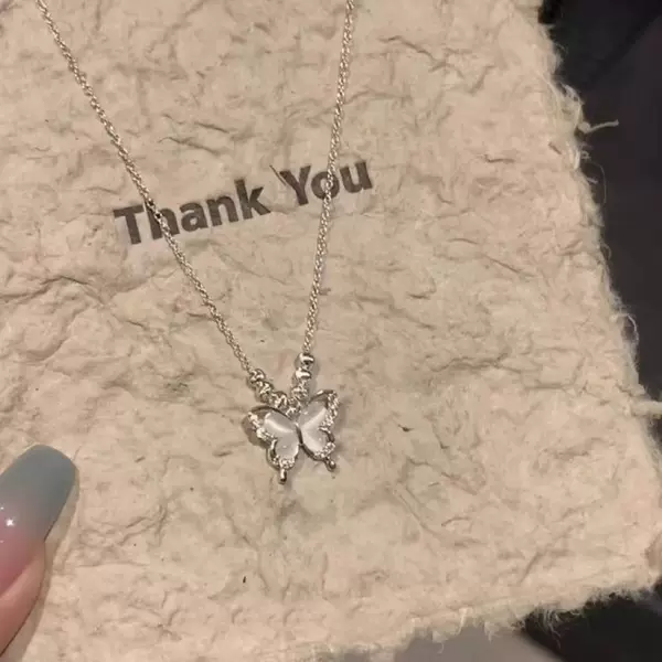 Cold Wind Ice Penetration Cat's Eye Stone Butterfly Necklace Exquisite High Color Value with Skirt Clavicle Chain for Women
