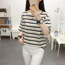 金韩大码条纹t恤女夏季宽松短袖小众oversize休闲复古上衣202包邮