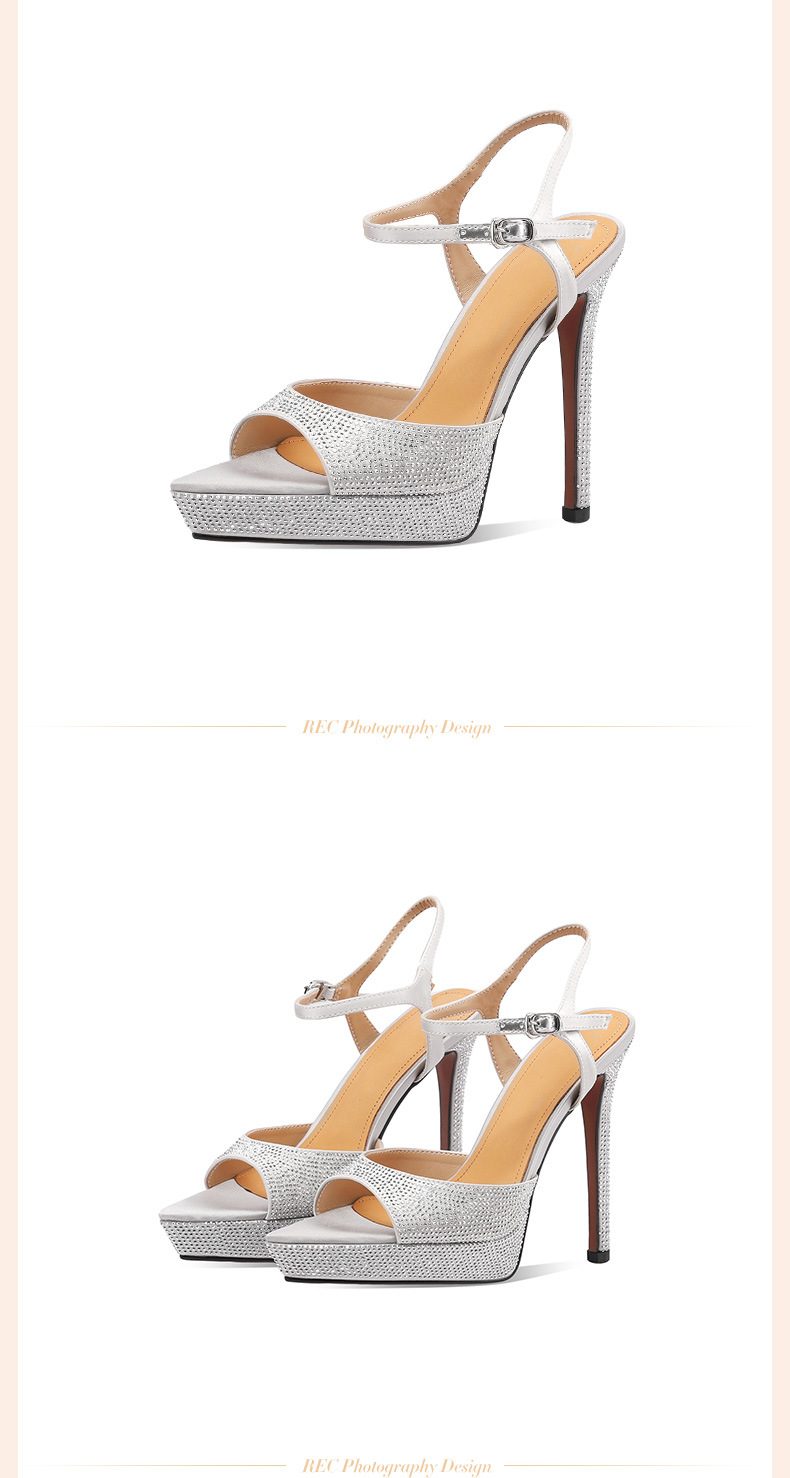Sandal cao gót nữ mũi nhọn hở ngón, quai một chữ khóa, gót siêu cao 12 cm, đính đá lấp lánh — Màu đen (12 cm) chi tiết 4