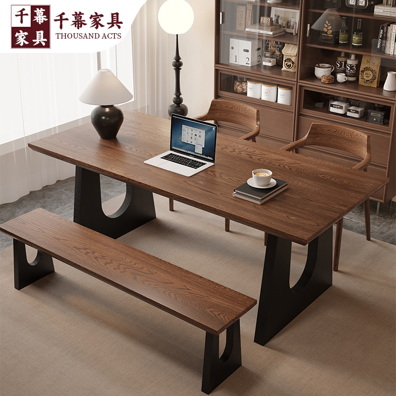 Qianmu Household Ash Wood Dining Table Desk Dual-Purpose Mid-Century Style Small Apartment Dining Table Living Room Solid Wood Long Table Computer Table