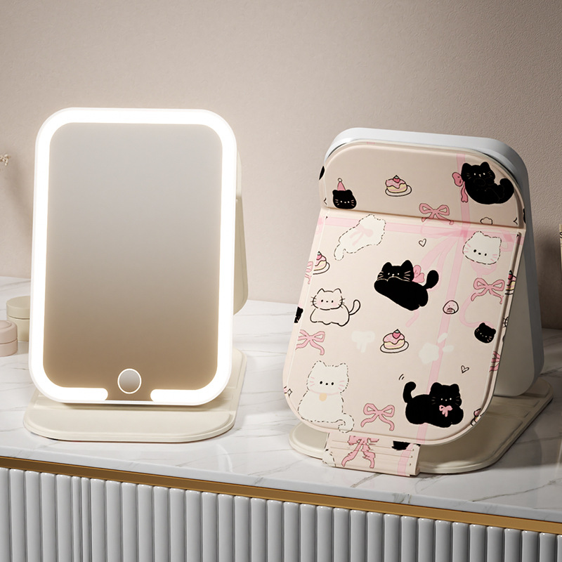 Espejo de dibujos animados Capibara pequeño espejo portátil espejo plegable luz tricolor LED espejo de maquillaje espejo de vestir para estudiantes
