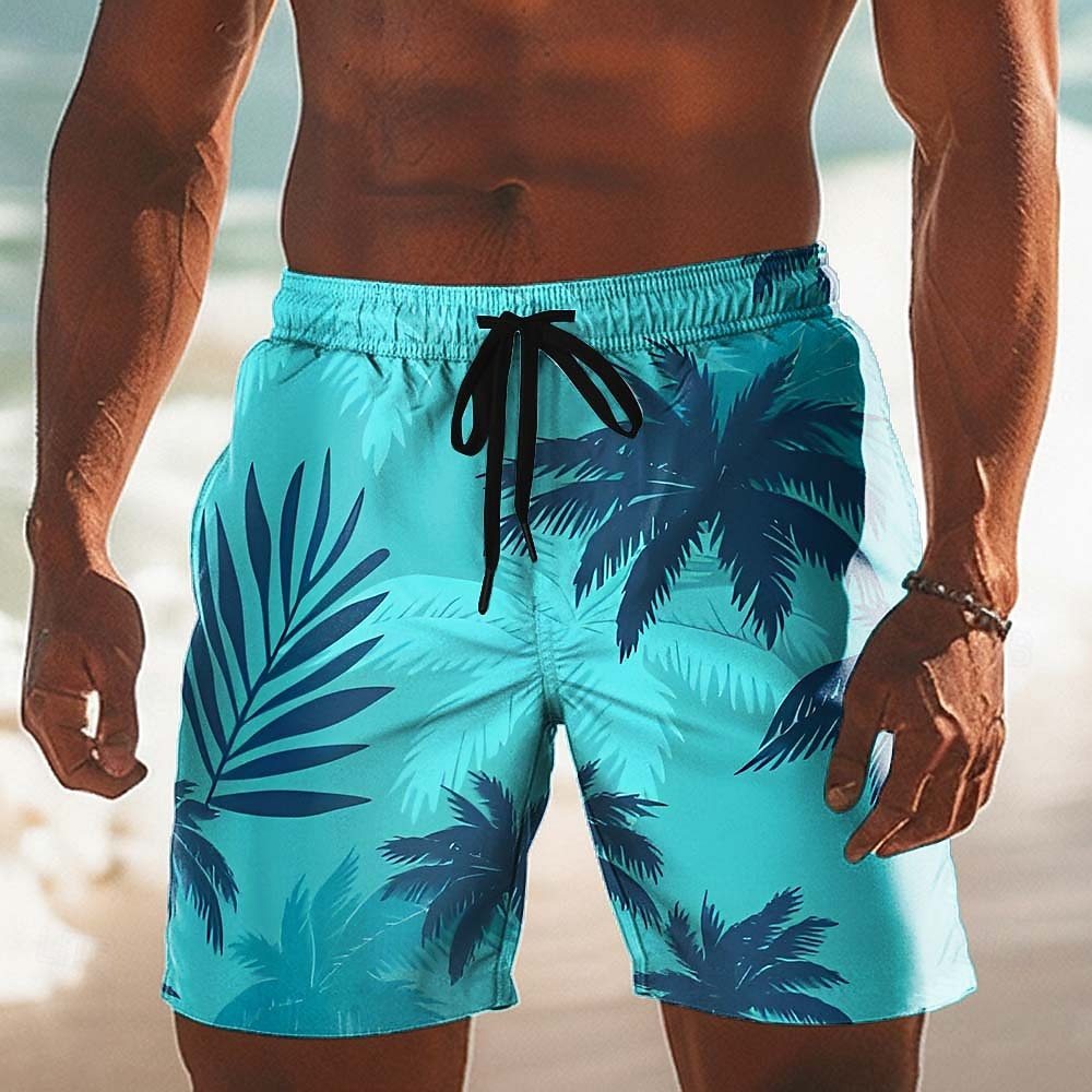 Cross-Border Men's Coconut Tree Gradient Color Tropical Plant Swim Trunks Surf Shorts Hawaiian Beach Vacation Wear with Side Pockets