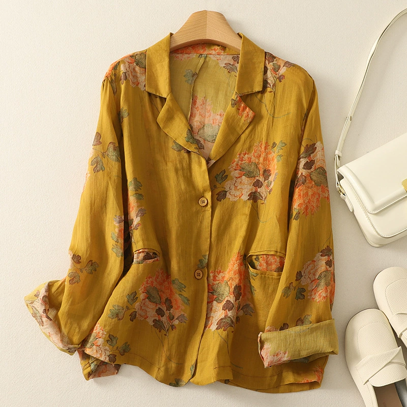 Летний солнцезащитный повседневный модный свободный ретро-цветочный миниатюрный универсальный ультратонкий костюм из рами с длинными рукавами