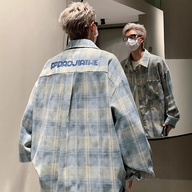 Tie-dyed Plaid Long-sleeved Shirt Men's Autumn New American Style Fashionable Brand Loose plus size Casual Shirt Jacket for Teenagers