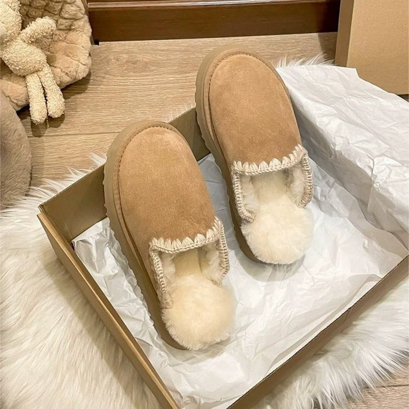 2023 новые повседневные меховые туфли меховые меховые сапоги с толстым дном плюс бархат теплые хлопчатобумажные туфли