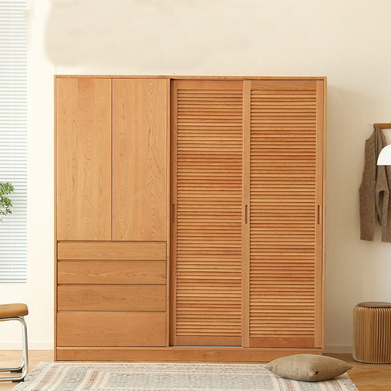 Japanese Solid Wood Wardrobe Cherry Wood Scandinavian Log Sliding Shutter Sliding Door Locker Bedroom Coat Cabinet