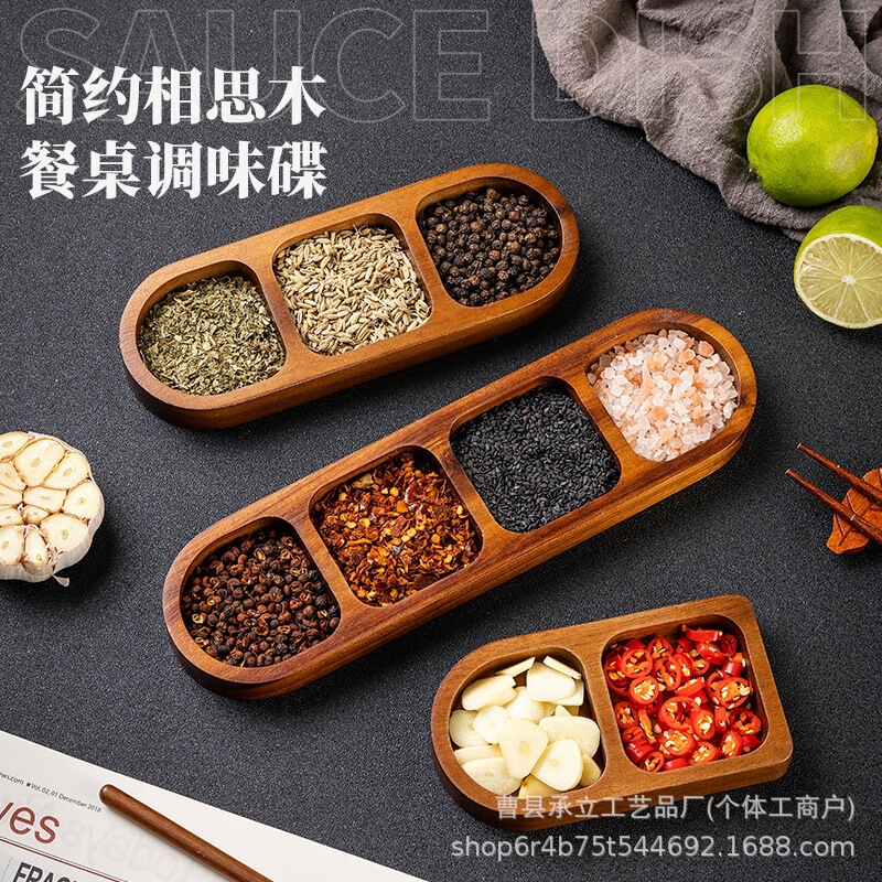 Wooden Three-Compartment Seasoning Storage Tray, Acacia Wood Household Snack Plate, Hot Pot Barbecue Three-Compartment Sauce Dish, Snack Tray Wooden Three-Compartment Seasoning Storage Tray, Acacia Wood Household Snack Plate, Hot Pot Barbecue Three-Compartment Sauce Dish, Snack Tray