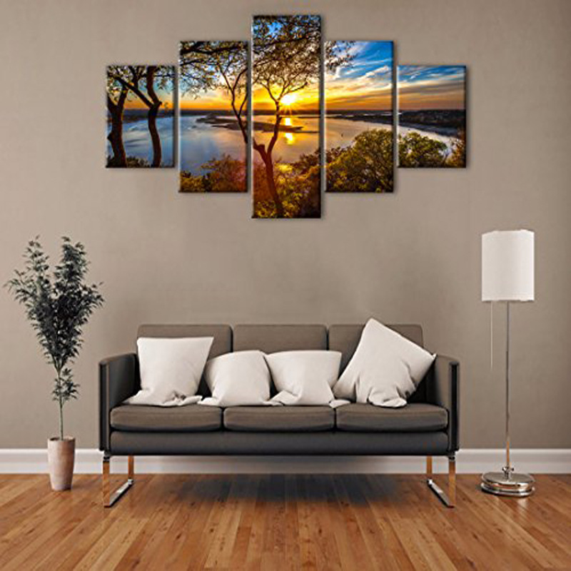 Modern Minimalist Five-Panel Sunset Dusk Landscape with Trees, Lake, and Sea Spray-Painted Canvas Painting Decorative Wall Art Hanging Painting