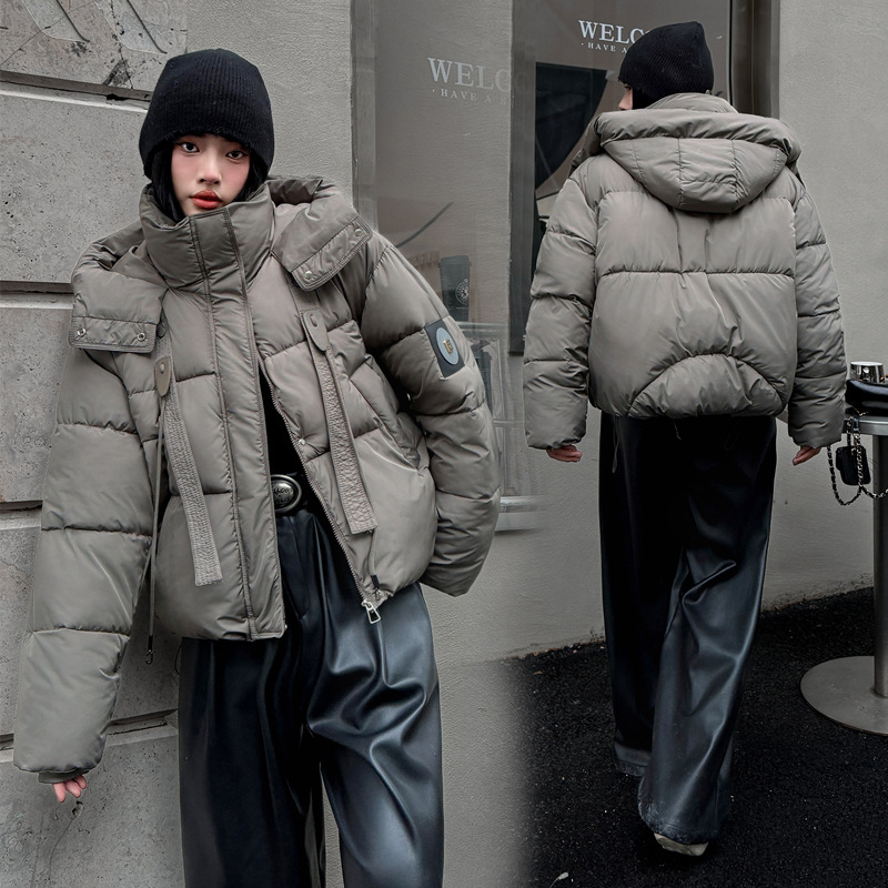 Europa americana ropa de algodón corta mujer invierno 2025 nuevo estilo de moda con capuzas curry grueso chaqueta de algodón