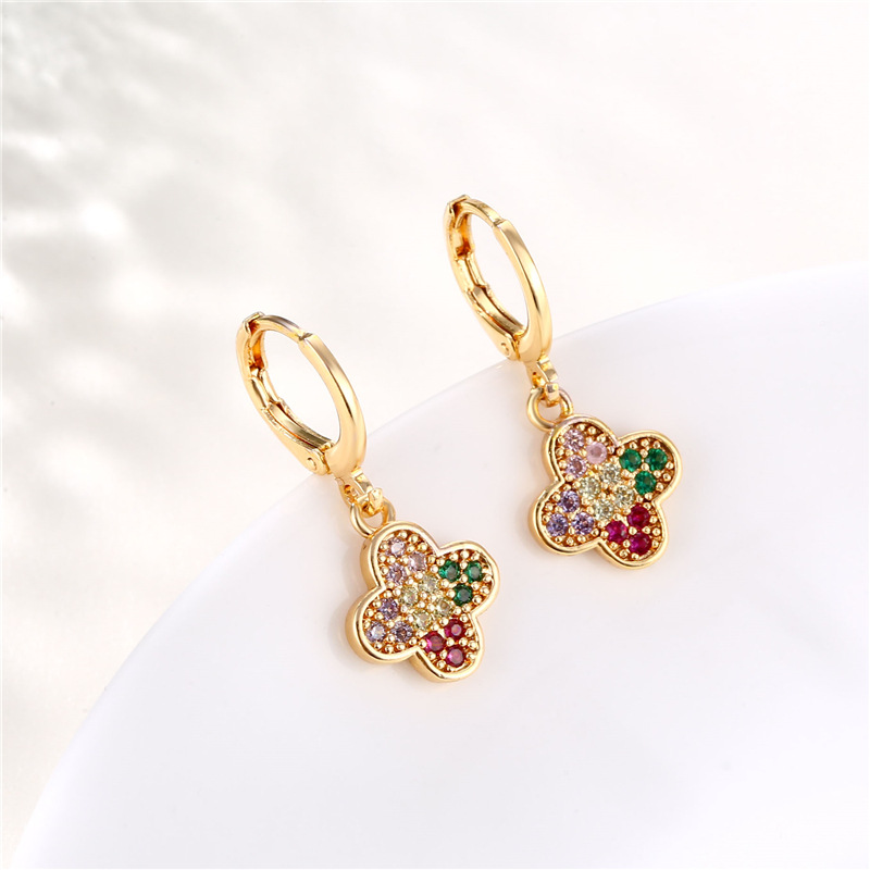 Fashion Vintage Color Inlaid Zircon Four-leaf Clover Earrings Wholesale Nihaojewelry display picture 4