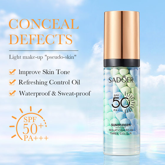 All English makeup SADOER three-color rainbow cream brightens skin color sunscreen makeup before milk cross-border foreign trade wholesale