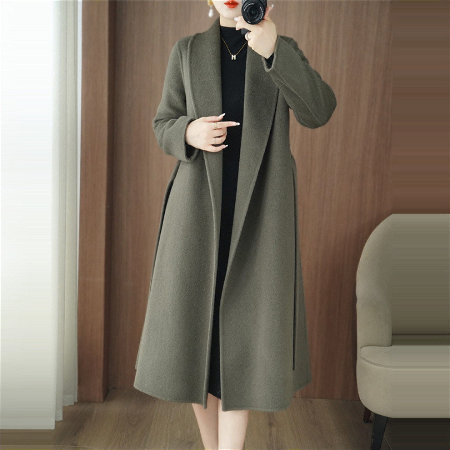 Double-Sided Cashmere Outwear for Women 2025 Autumn and Winter New Style Long Over-The-Knee Hepburn Style Belt Elegant Woolen Outwear