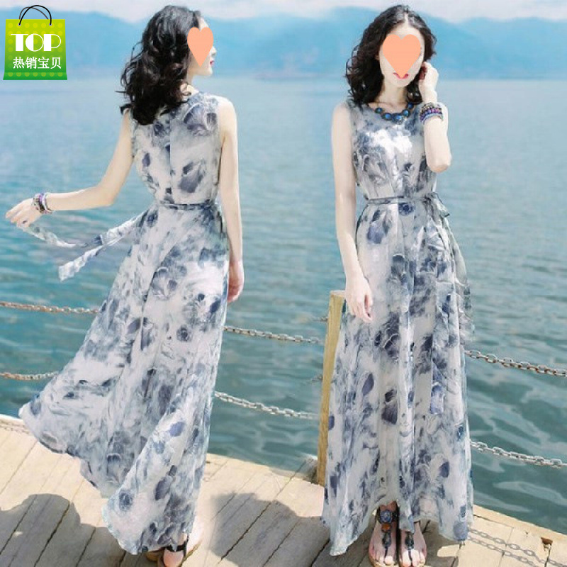 Cross-Border 2026 Spring and Summer Women's Dress Slim Fit Sleeveless Vest Dress Long Dress Seaside Vacation Beach Dress