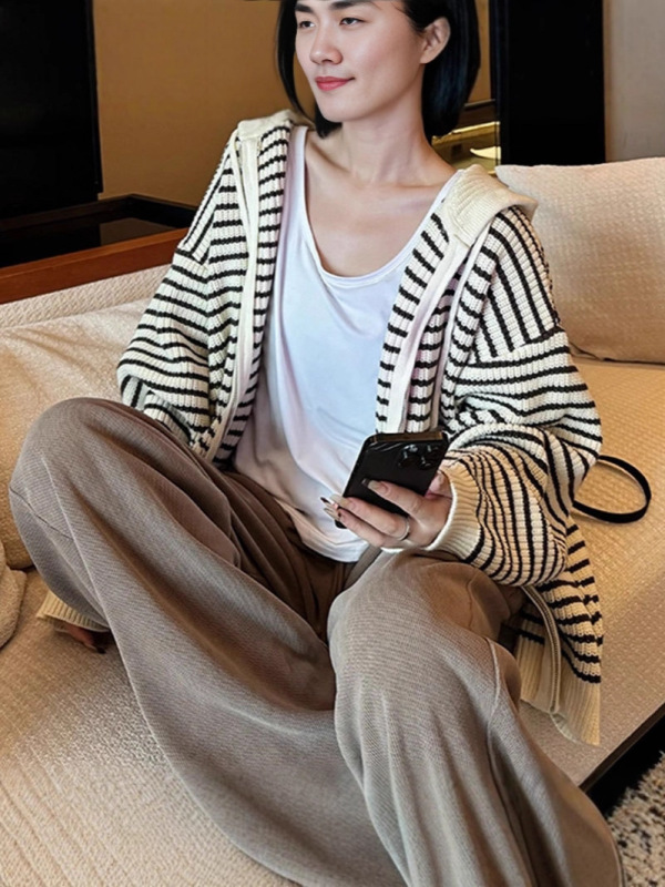韩版休闲温柔风撞色条纹连帽针织开衫女秋冬新款宽松上衣毛衣外套|undefined
