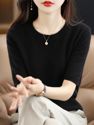 春秋圆领短袖女羊毛衫宽松短款打底衫半袖针织衫薄款夏季羊绒毛衣|undefined