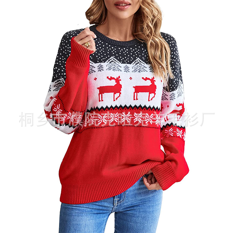 桐乡厂家定制欧美圣诞毛衣女 跨境外贸新款女士圣诞毛衣来图加工