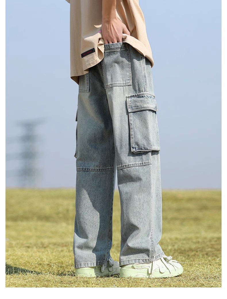 ​​Men’S Cargo Jeans – Vintage Washed Denim Pants With Patchwork & Multi-Pockets​​ Relaxed Straight Fit​​_mkmklike.com