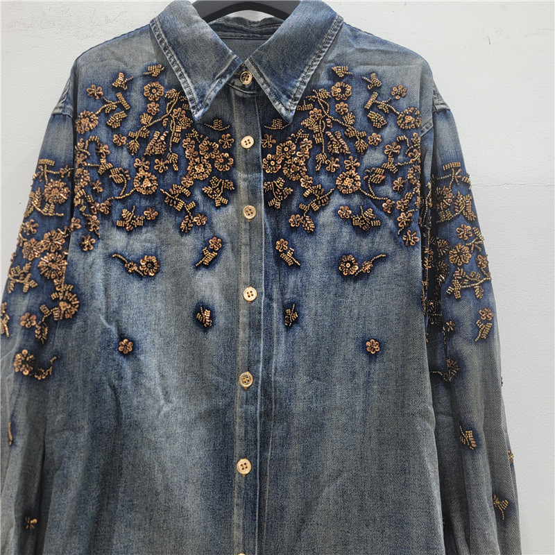Camisa Vaquera Bordada de Solapa de Mezclilla y Poliéster, Cuello de Solapa, Manga Larga, Empalme