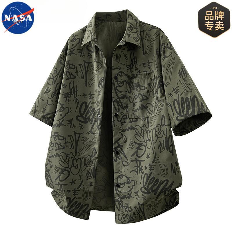 Nasaover Summer Handsome Graffiti Design Shirt for Boys Loose Slimming Look Stereo Large Size Short-Sleeved Shirt Trendy