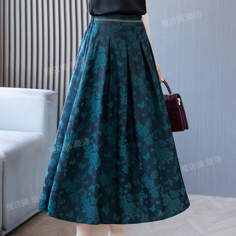 Xiangyunsha シルクジャカードミドル丈スカート、高級ドレープスカート、マザーズウェア、ハイウエスト刺繍プリーツスカート|undefined
