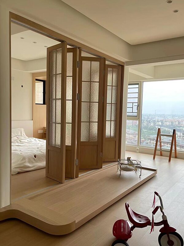Japanese-Style Folding Door with Natural Wood Lattice, Sliding Door for Room, Tatami Balcony Partition, Trackless Folding Door