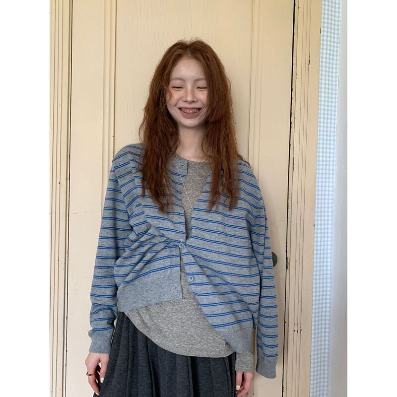 3663 #   Helloooeat Retro Round Neck Contrast Stripesd Cardigan Single-Breasted Knitwear 2025 Autumn and Winter