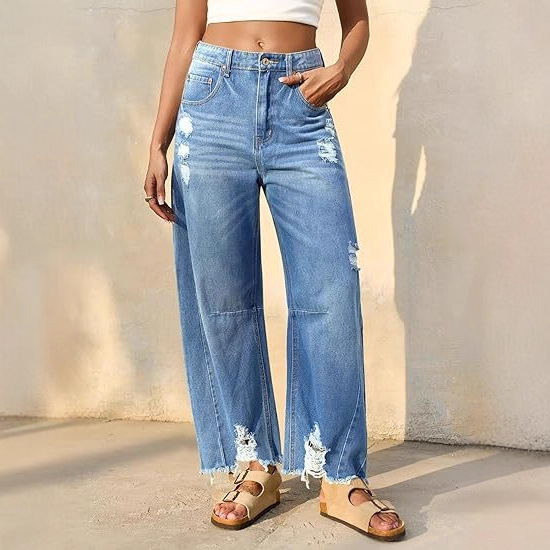 Cross-Border Amazon Women's Wide-Leg Casual Jeans New Style 2026 Summer New High-Waisted Loose Frayed Long Pants Cross-Border Amazon Women's Wide-Leg Casual Jeans New Style 2026 Summer New High-Waisted Loose Frayed Long Pants