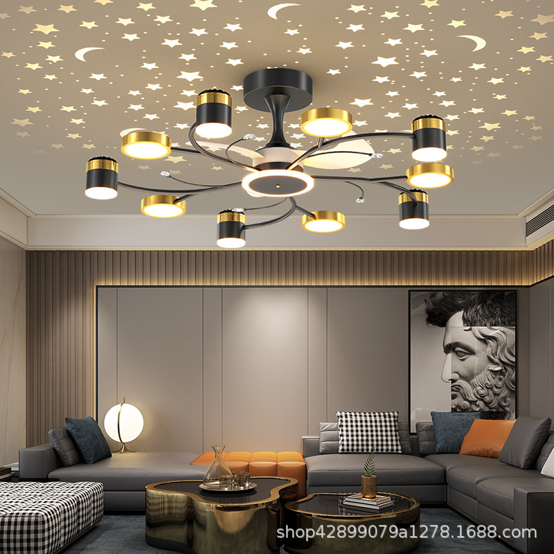 Star Ceiling Living Room Fan Lamp Creative Internet Celebrity Nordic Fan Chandelier Star Sky Projection Living Room Dining Room Ceiling Fan Lamp