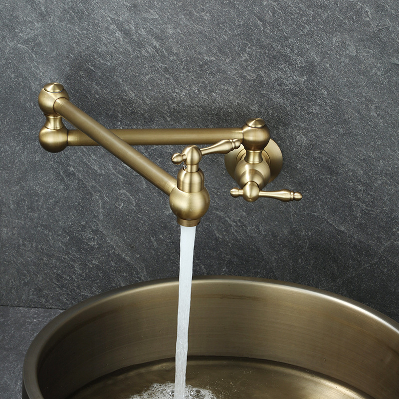 厨房水龙头单冷复古全铜折叠旋转万向伸缩仿古入墙式菜盆灶台黄铜
