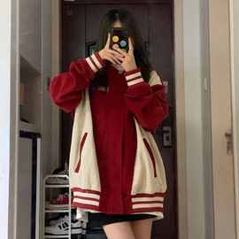 春季复古棒球服夹克宽松重工小众红色灯芯绒外套女ins灯芯绒复古