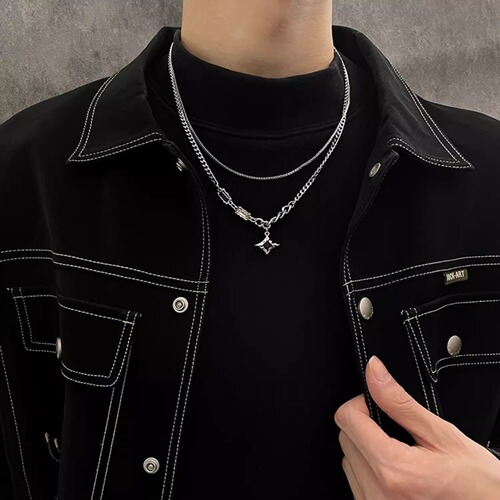 Mars Star Double Zirconia Necklace for Men, Titanium Steel, Colorfast, High-End Fashion, Unisex, Trendy Accessory, New Style