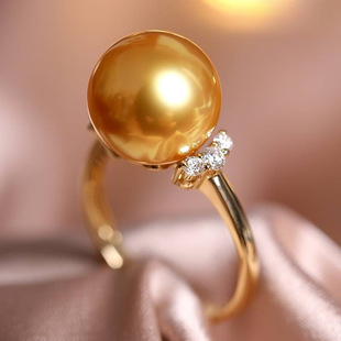Nanyang Thick Gold Bead Ring, Simple and Elegant, Natural Seawater Pearl, 18K Gold Diamond Inlaid with Dark Yellow, Versatile Style