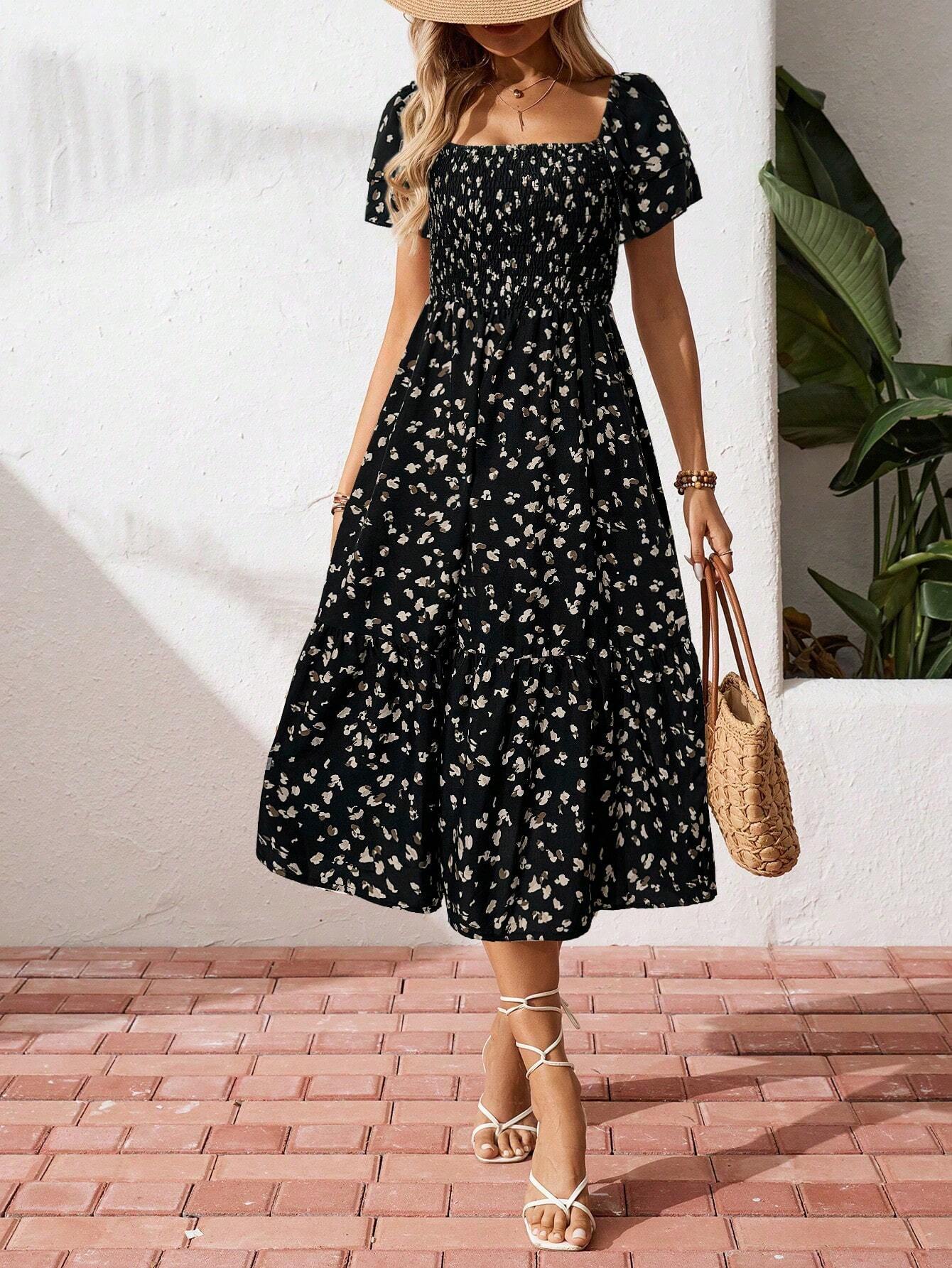 short ditsy floral dress Women's Elegant Small Ditsy Floral Dress, Fresh Style Tie Waist A-Line Short Dress, Suitable For Daily Casual, Travel, Vacation And Commuting