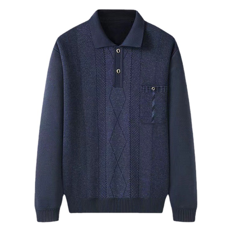 Entrega de una sola pieza de lana forrada engrosada jacquard camiseta ropa de invierno para mediana edad y ancianos papá bolsillo suéter camisa de fondo