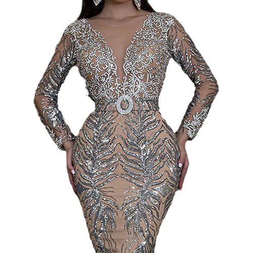 New European and American women's dress, bronzing long-sleeved, slim, sexy fishtail mop evening dress