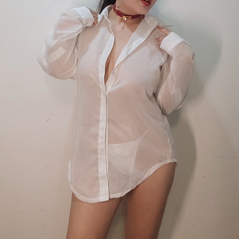 Large Size Pajamas Summer Chiffon Sexy Temptation White Shirt Women's Mid-Length Transparent Nightgown Long-Sleeved Plus Size